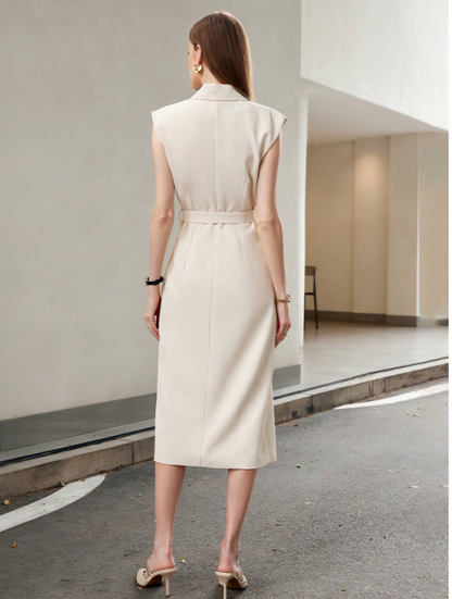 Beige Slim Fit Midi Jurk met Suit Kraag en Mouwloos Design