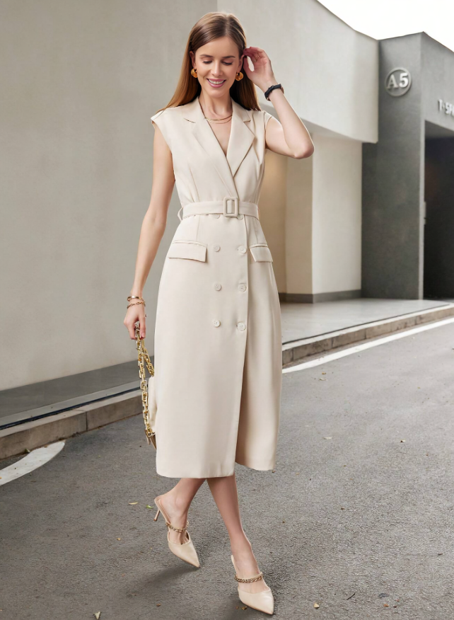 Beige Slim Fit Midi Jurk met Suit Kraag en Mouwloos Design