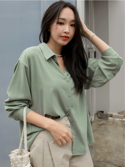 Mintgroene Blouse met Verlaagde Schouders & Knopen